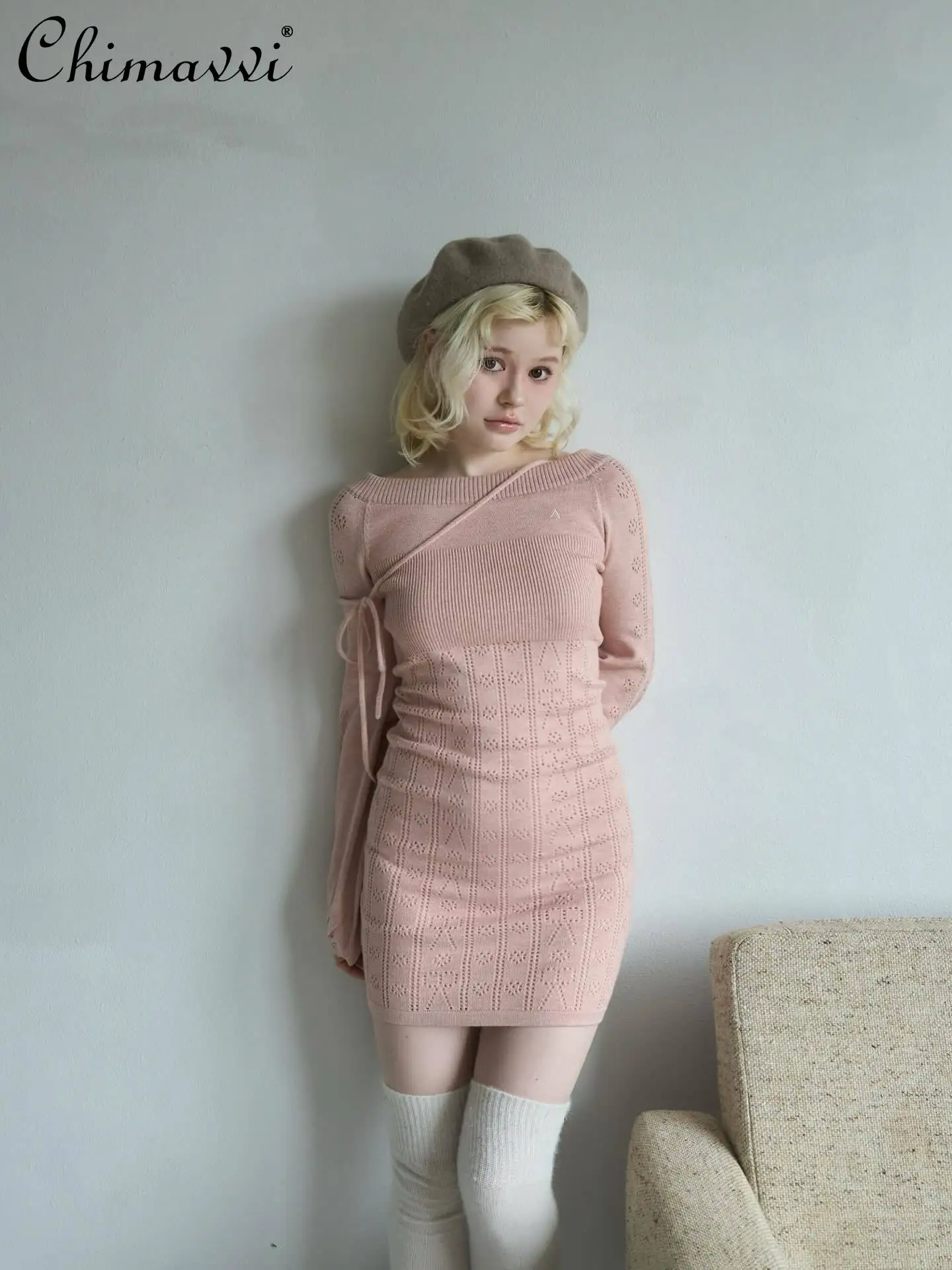 Estilo japonês oco para fora fino ajuste fora do ombro gravata cintura bodycon vestido de malha moda manga longa magro elegante vestido feminino