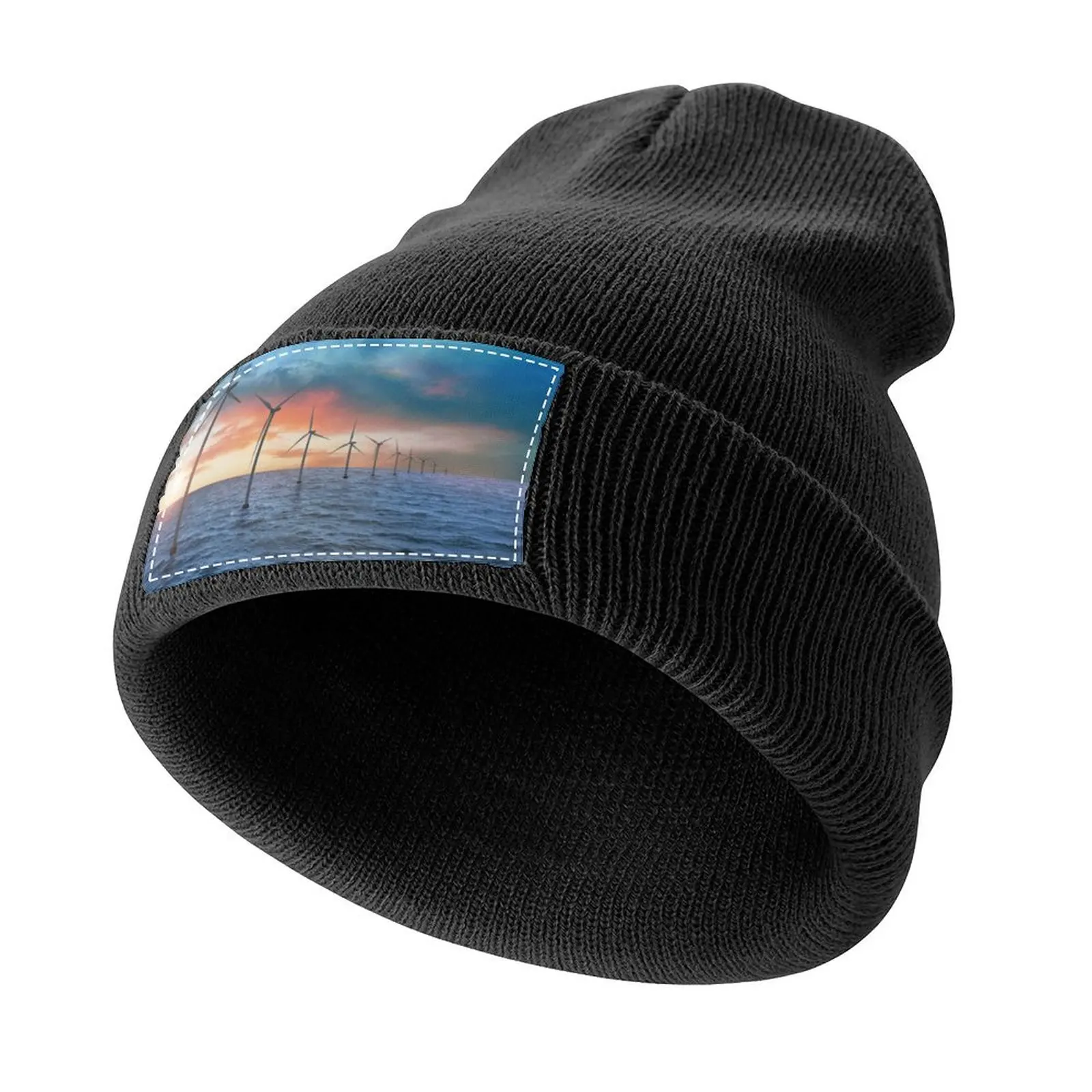 

Floating wind turbines installed in sea. Alternative energy source Knitted Cap Hood Snap Back Hat Luxury Woman Men's