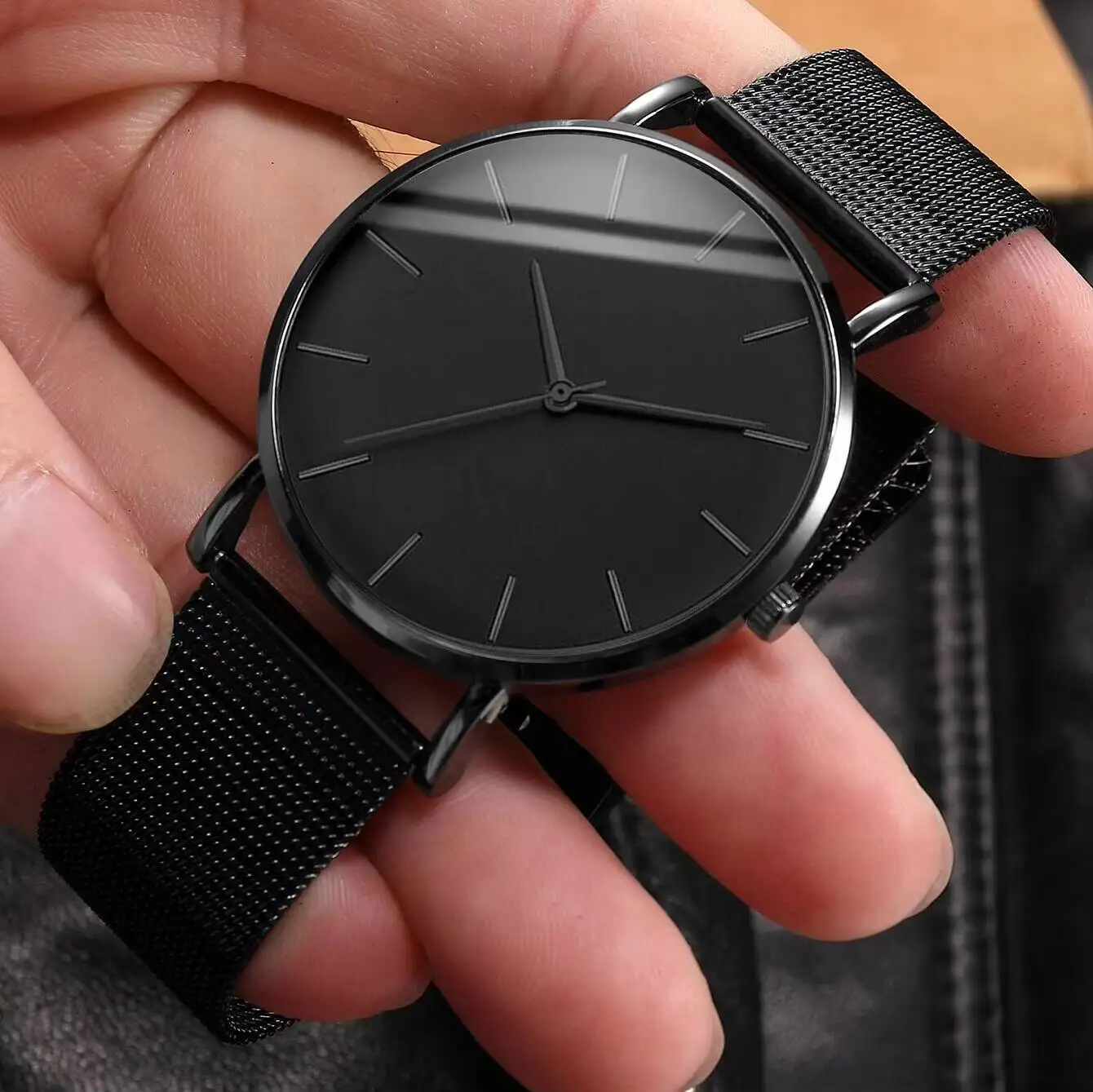 2PCS/Set Men Business Watches Fashion Men's Black Mesh Band Quartz Watch Beads Bracelet Set Reloj Hombre（Without Box）