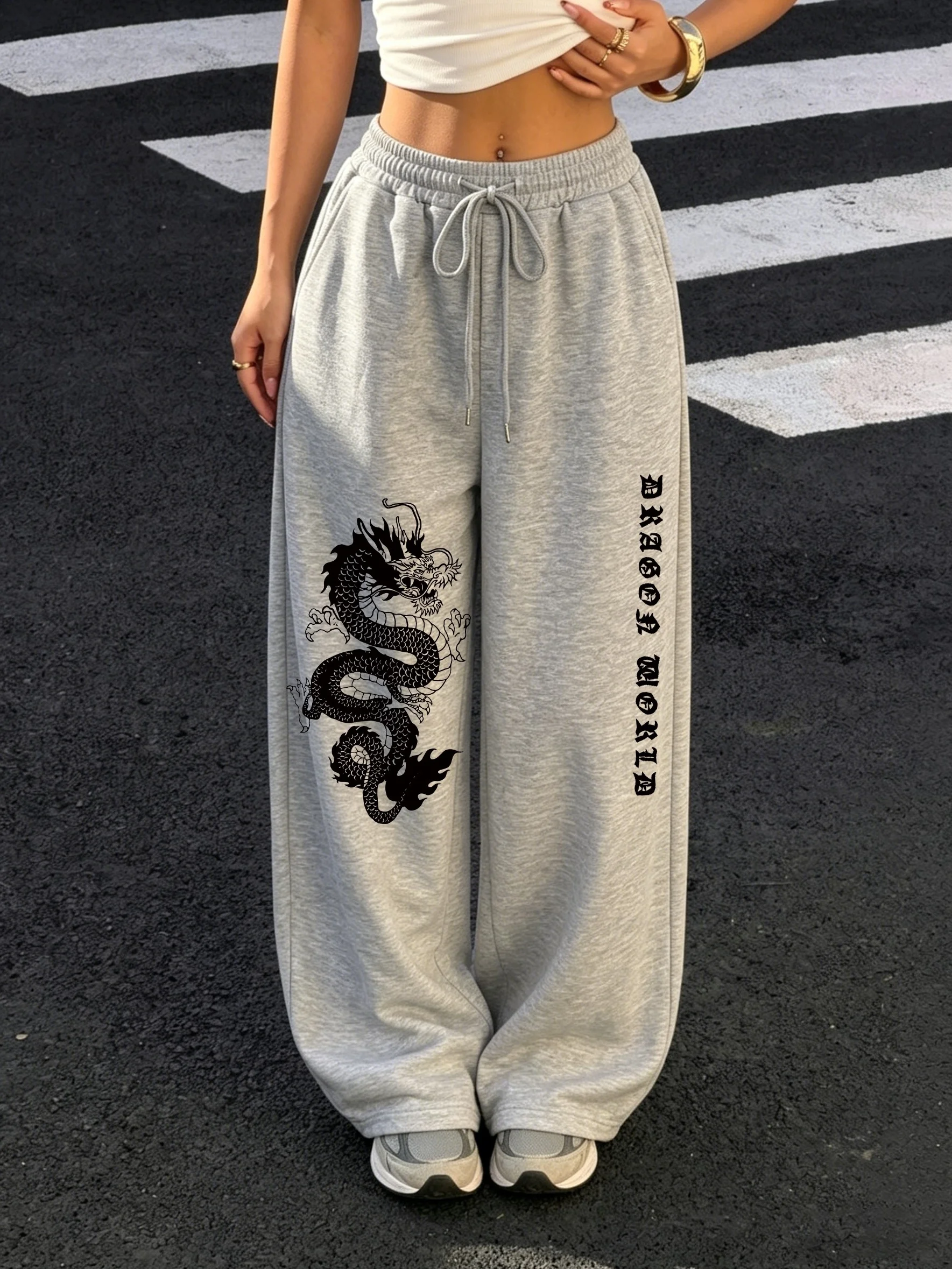 Women's Dragon Pattern Print Fleece Sweatpants for Autumn and Winter Warm Casual Loose Stylish and Versatile Streetwear Trendy
