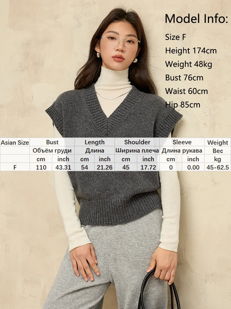 BirdTree, 100%Pure Wool, Women V-Neck Vest, Sleeveless Thick Chic Sweater, 2024 Autumn Winter Fashion Top, Gray, Coffee T49723QM