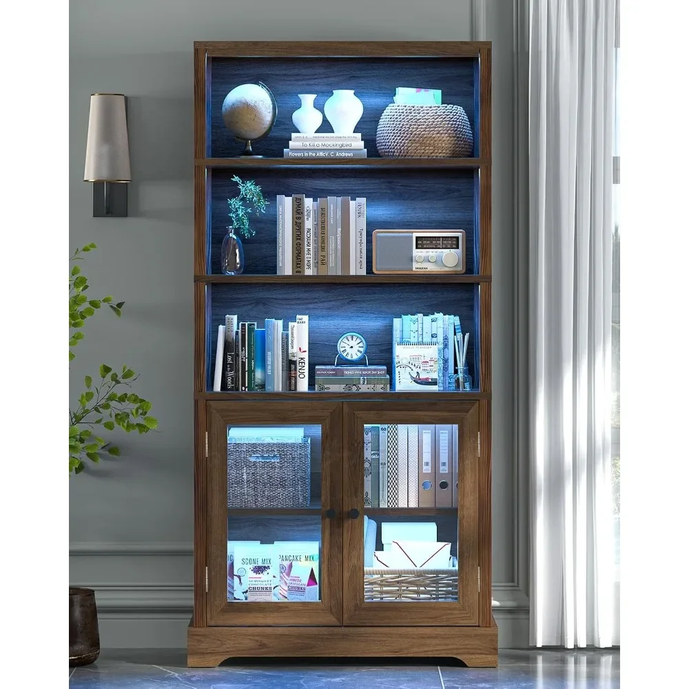 65" 5-Tier Bookshelf with Multi-Color Ambient Lights & APP Control, Tall Display Shelf with Doors, Rustic Brown for Living Room, Bedroom, Study view 2