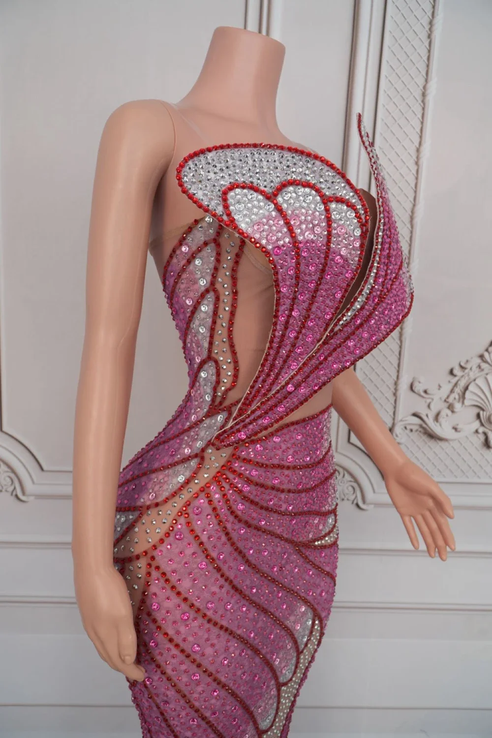 Birthday Dress Rhinestones Long Pink butterfly  outfit Transparent Celebrate Evening Prom Photo Shoot Wear