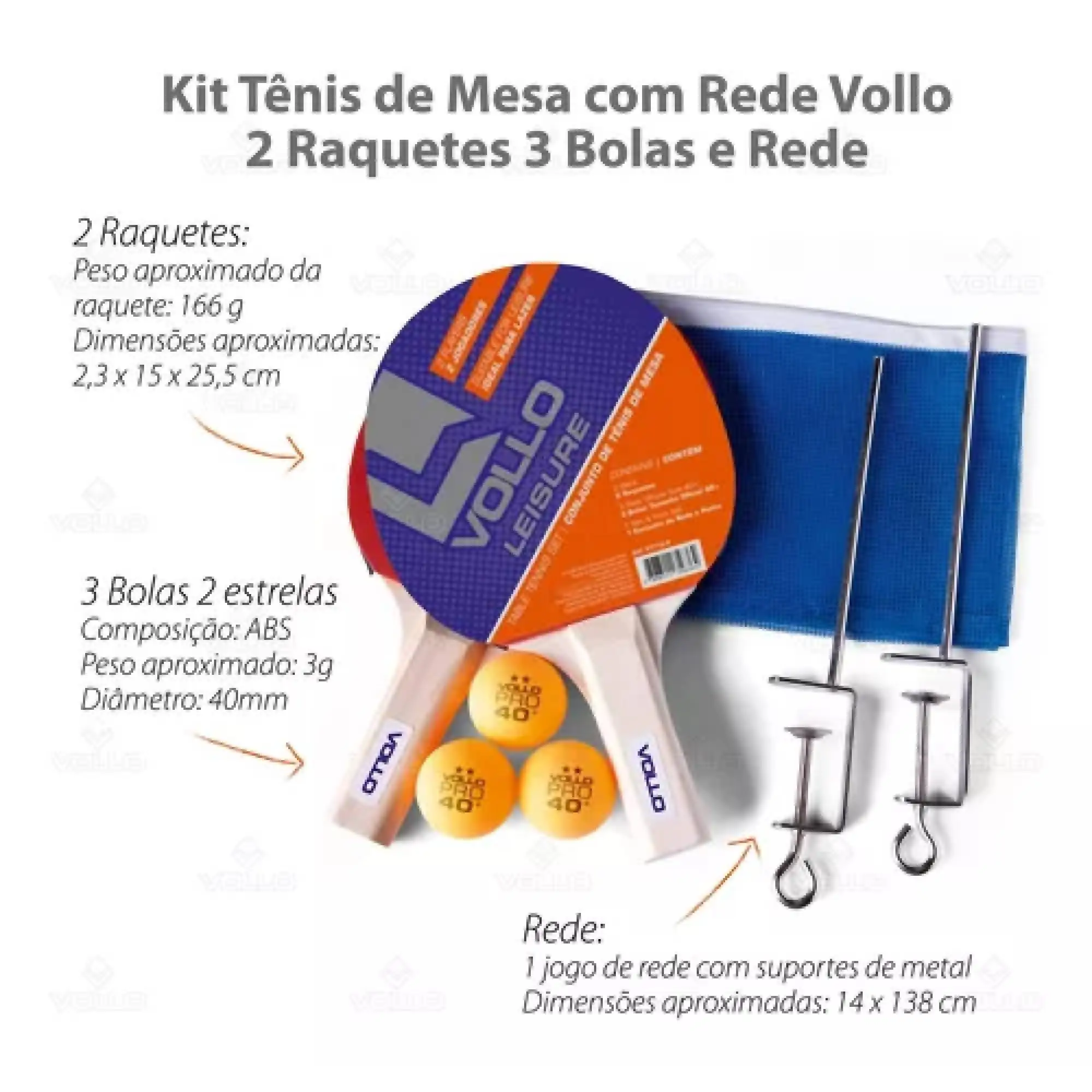 VOLLO OFFICIAL 2 Rackets/3 Balls/1 Net Table Tennis Kit