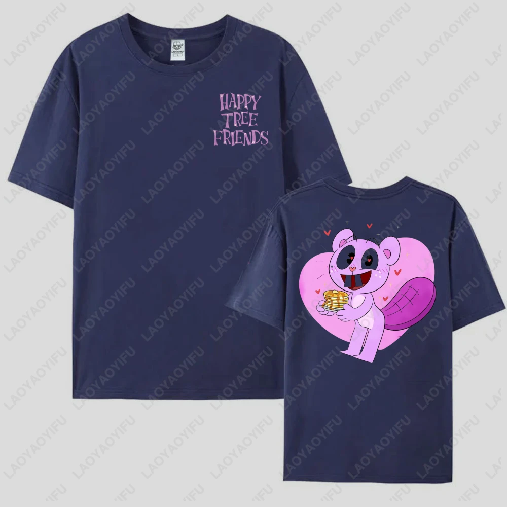 Happy Tree Friends Cartoon Character Pink Squirrel Holding Waffles Heart Design Funny Unisex Cotton T-Shirt Summer Casual Wear