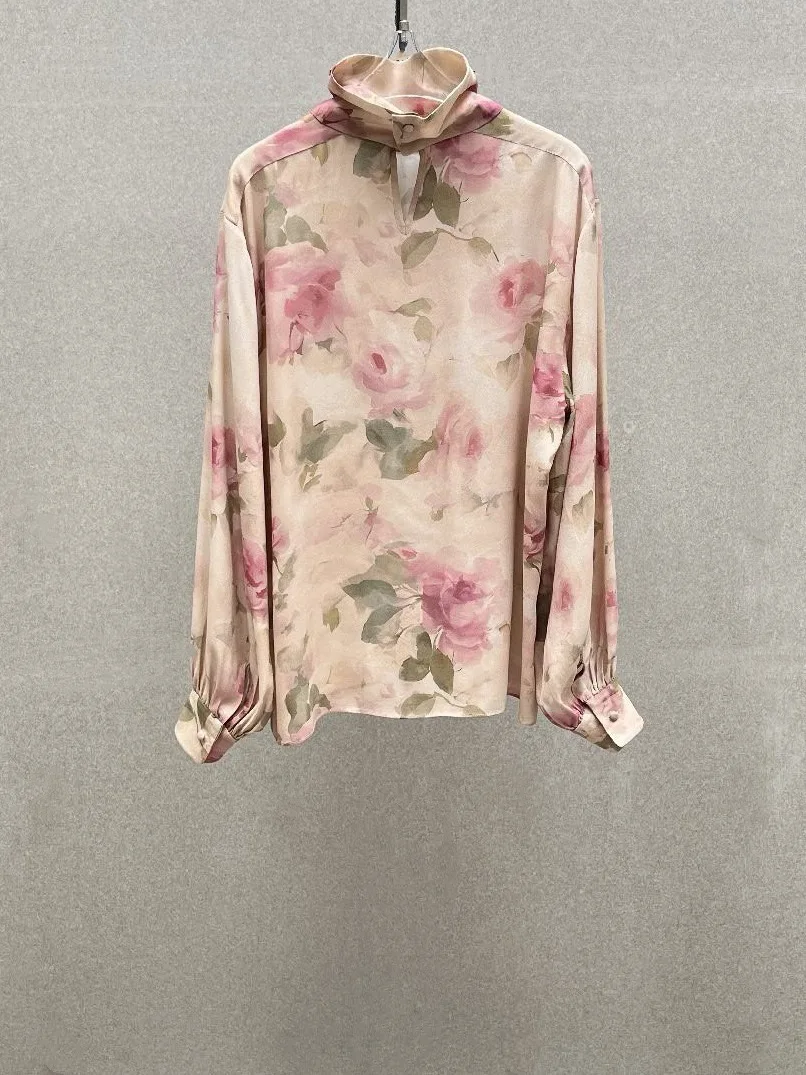 Floral print high-neck top, 2026 autumn new style, high-quality, luxurious and elegant, versatile women's long-sleeved top