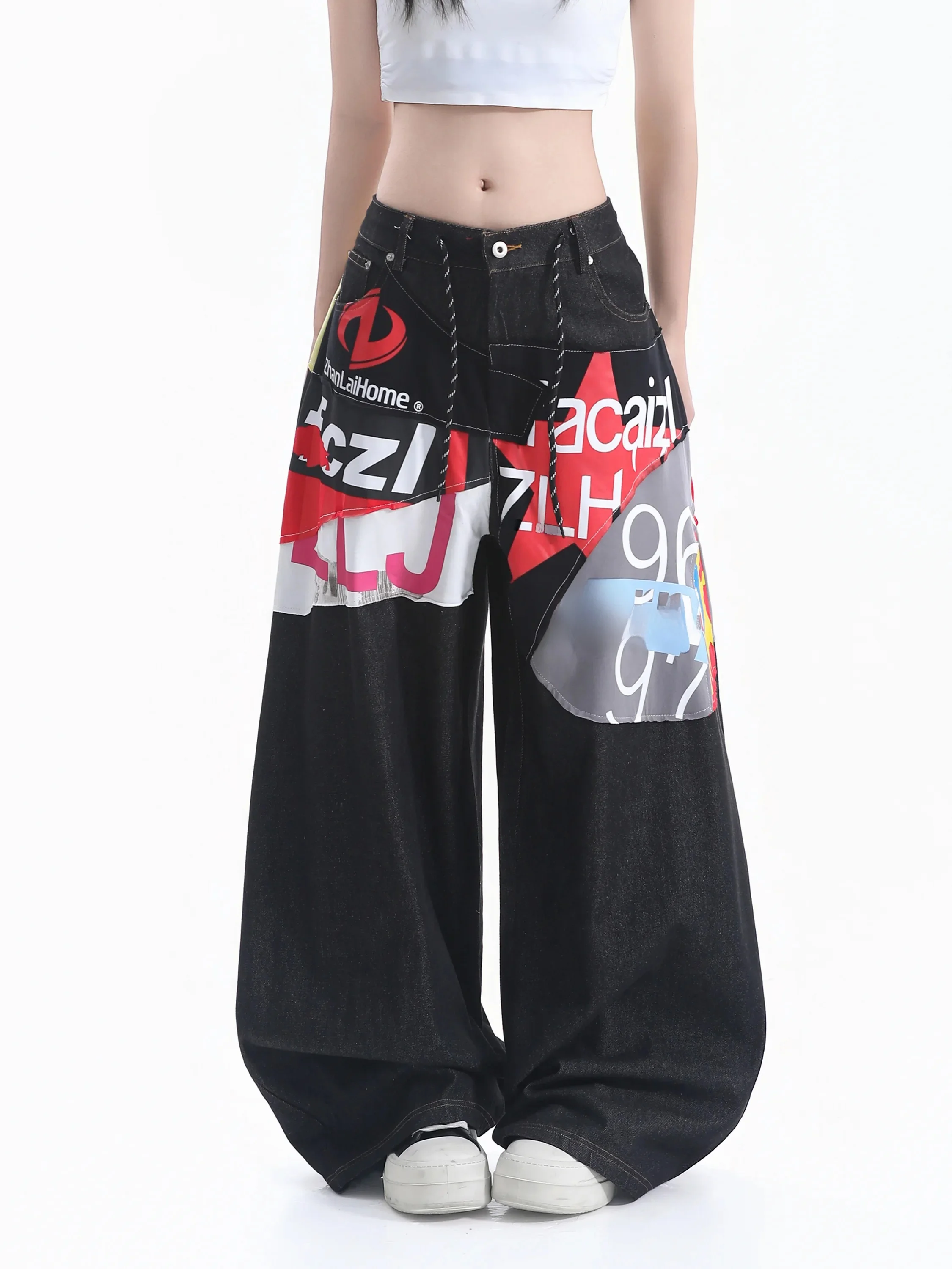 Smallqiuqiu High Street Graffiti Denim Pants Women's Letter Patch Drawstring Floor-Length Wide Leg Pants Couple's Style