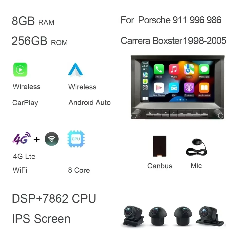 CarPlay 7' 2 DIN Android 14.0 Car DVD Player 8 Core 4GB DSP Multimedia GPS Autoradio for Porsche 911 996 986 Cayman Boxster image 3