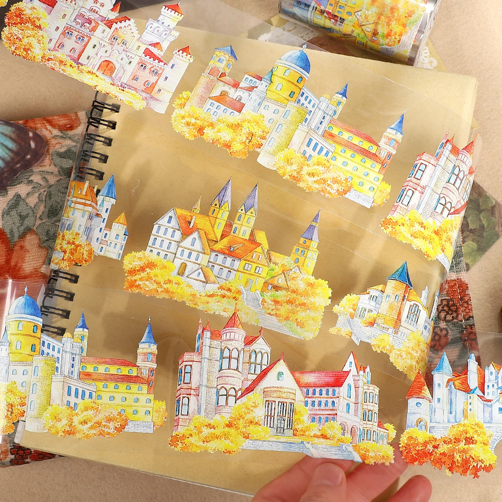 70mm*5m Vintage Autumn Tree Castle Landscape PET Tape Creative DIY Journal Material Collage Scrapbook Stationery