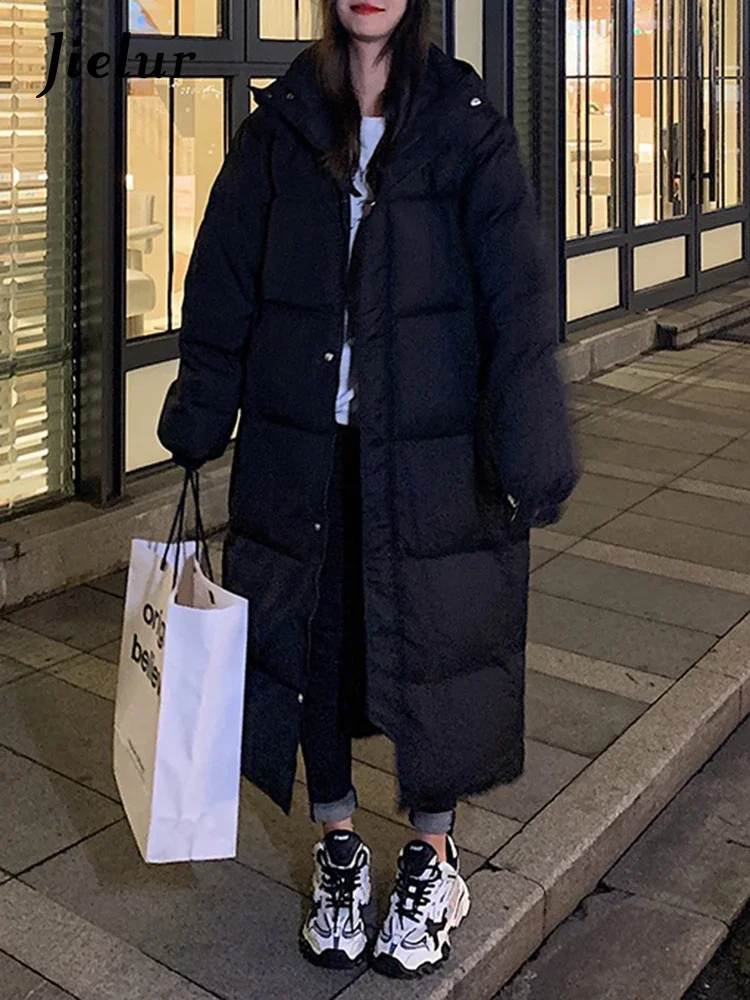 

Ins Winter New Loose Fashion Hooded Warm Women Parkas Korean Thick Basic Simple Casual Female Parkas Long Down Coat Black