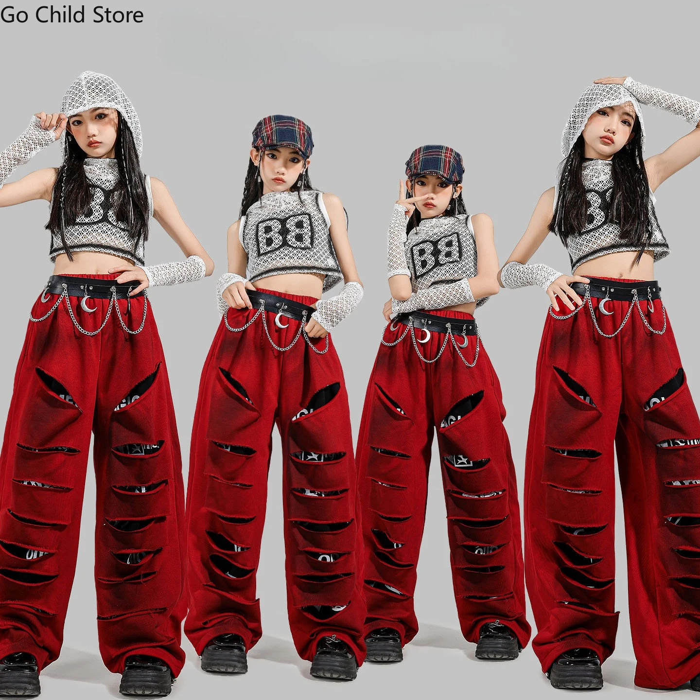

K-pop сетчатые толстовки для девочек, крутые рваные штаны, детский укороченный топ с капюшоном в стиле хип-хоп, уличная одежда, костюм, детские комплекты одежды для джазовых девочек
