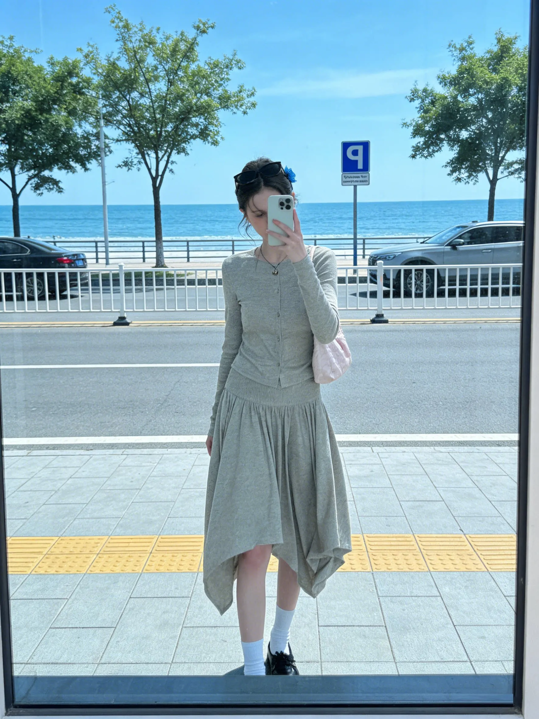 

Green Asymmetrical Skirt Women's Small Size Spring Summer round Neck Long Sleeve Top Set Casual Style High Waist T-Shirt