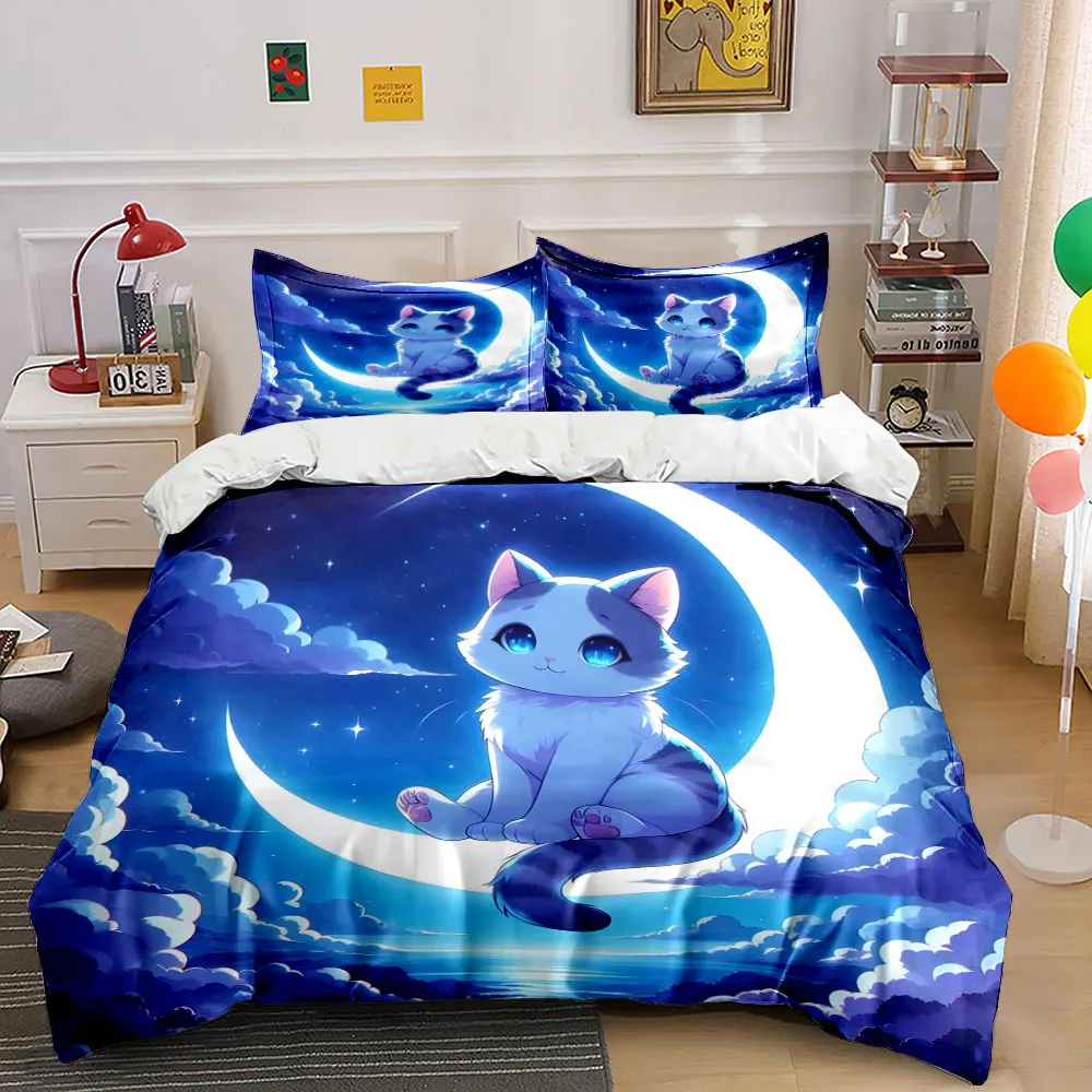

Cute cat on the moonlit night Printed Duvet Cover Set 1 Duvet Cover+2 Pillowcase Multi Size Bedroom Bedding Decor Luxury Gift
