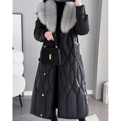 Luxury Fox fur collar Down Jacket Women's 2025 Winter New Korean version Lace up Down Coats Black Female Long Parka Overcoat