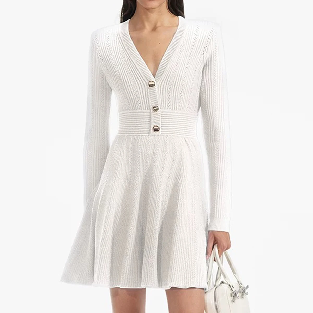 

Spring And Autumn New Fashionable Temperament Elegant Knitted V-Neck Slim Fit Small Gold Buckle Women's Long Sleeved Short Dress