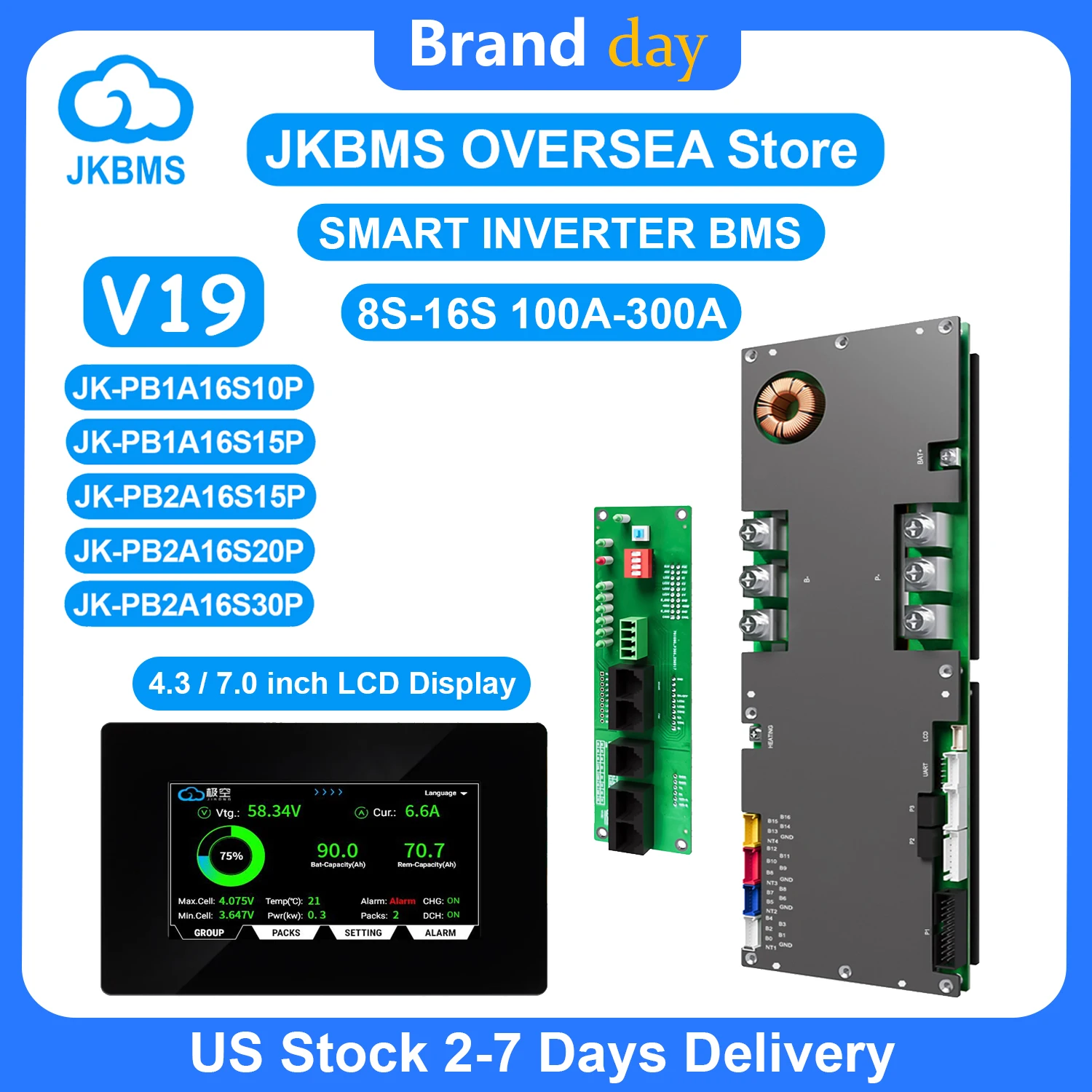 JKBMS V19 Inverter BMS 8S-16S 24V 48V 100A 200A 300A for Li-ion Lifepo4 LTO Battery Household Energy BMS Active Balancer 1A 2A