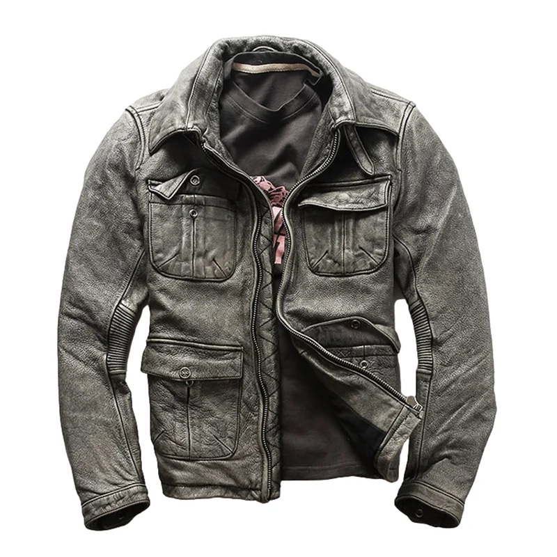 Vintage Grey Winter M65 Leather Jacket Men Retro Style Plus Size 5XL Genuine Natural Cowhide Four Pockets Leather Coat