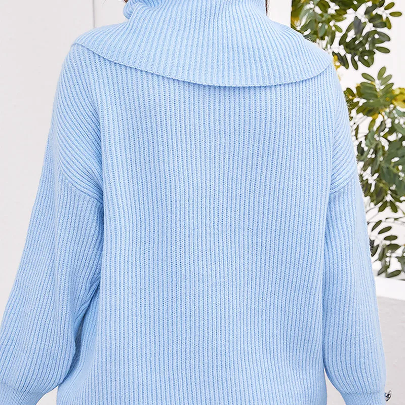 2025 Autunno/Inverno Nuovo Autunno Nuovo Casual Versatile Maglia Pullover Top da Donna Collo Alto Blu Maglione Termico Maglieria