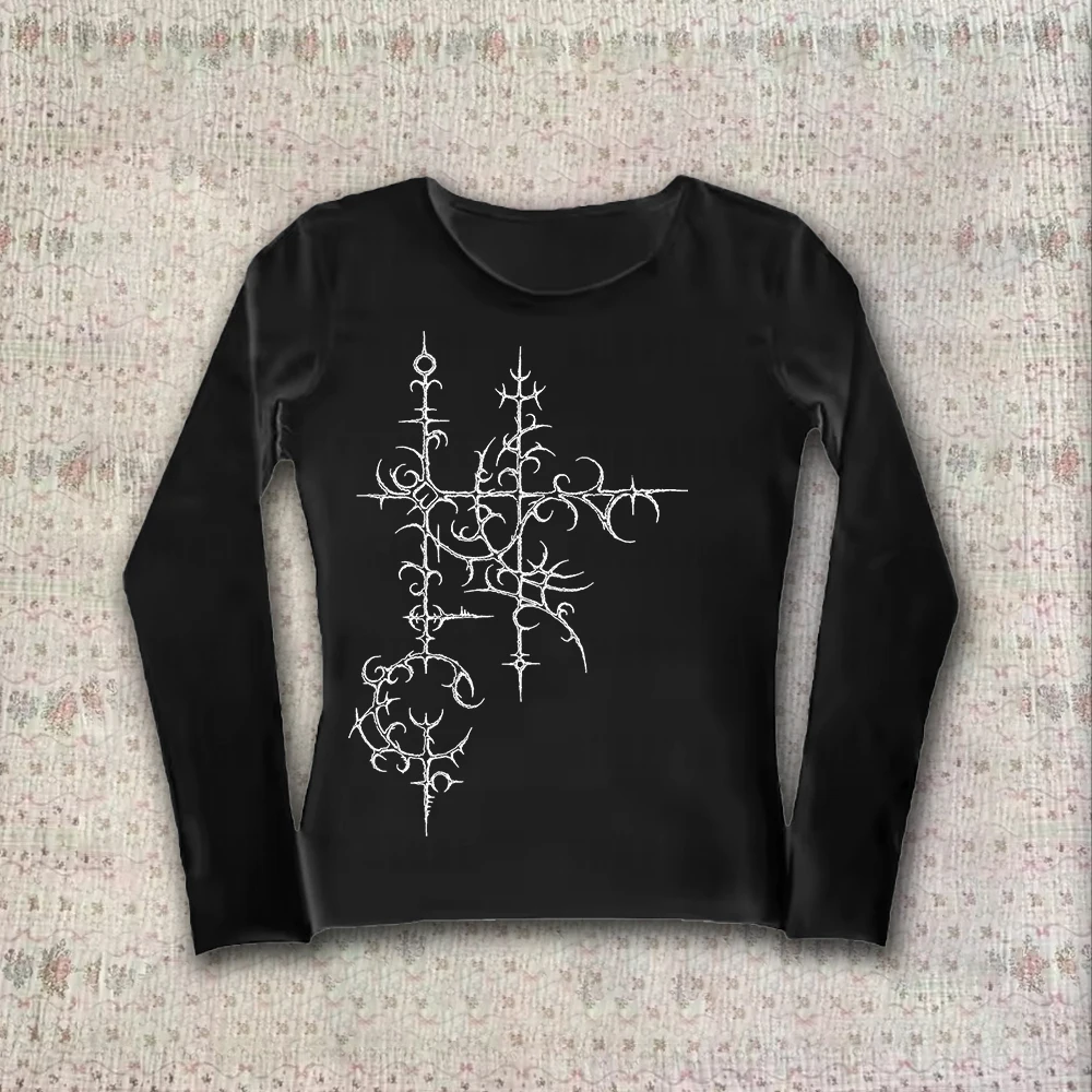 

Y2K Harajuku Aesthetic Gothic Long Sleeve Tee Character Slim Design letters Print Casual Top Grunge Punk Hip Hop Streetwear