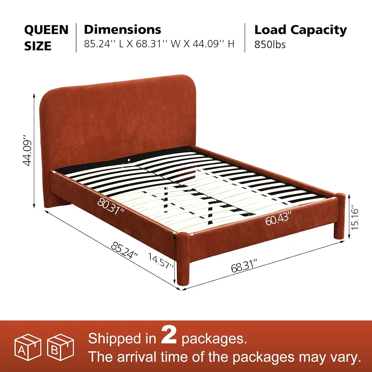 Upholstered Platform Bed Queen Curved Headboard Cylindrical Legs 30-Slat Support Easy Assembly, Customized