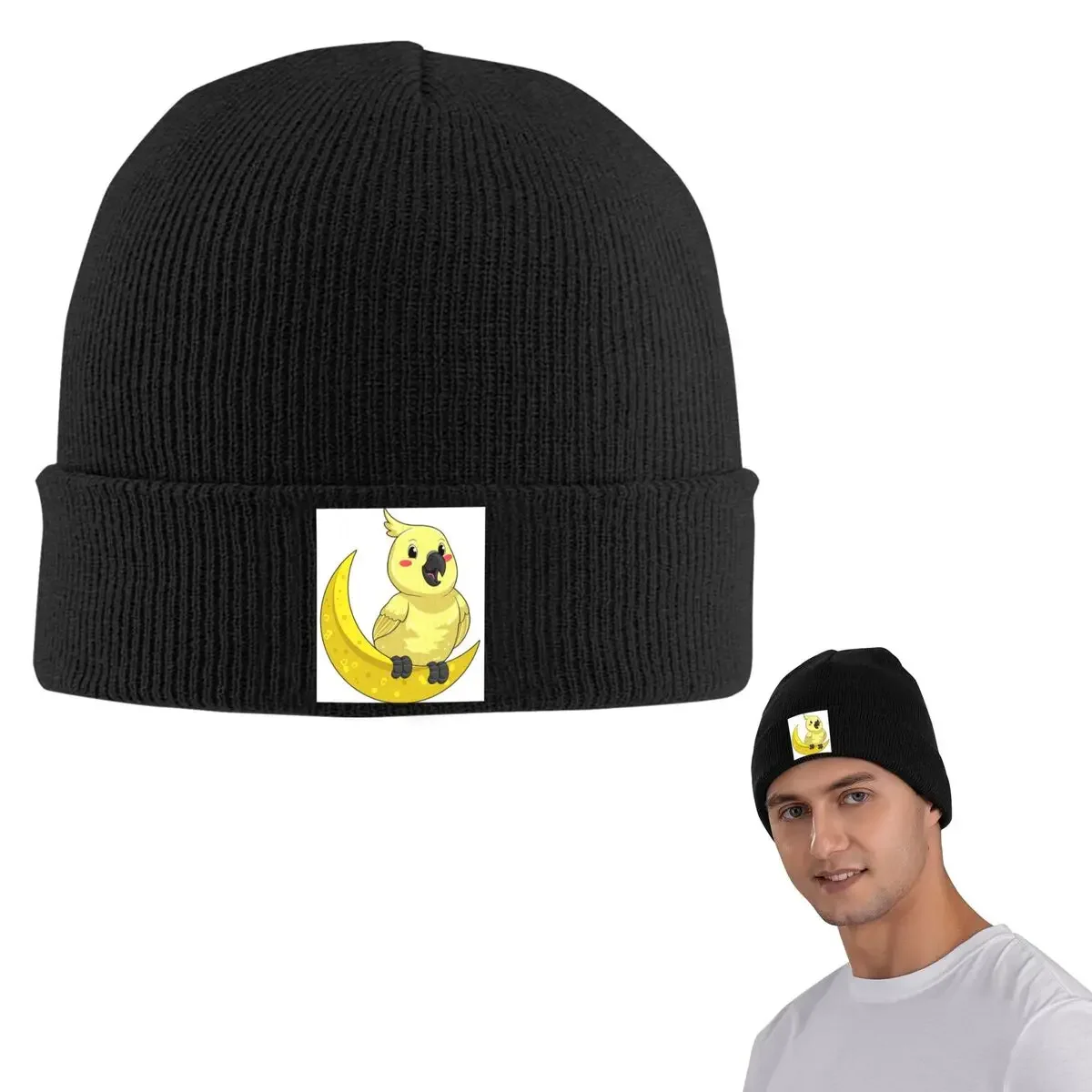 Cockatoo Cockatiel Parrot With Moon Warm Knitted Cap Fashion Bonnet Hat Autumn Winter Outdoor Beanies Hats For Unisex Adult