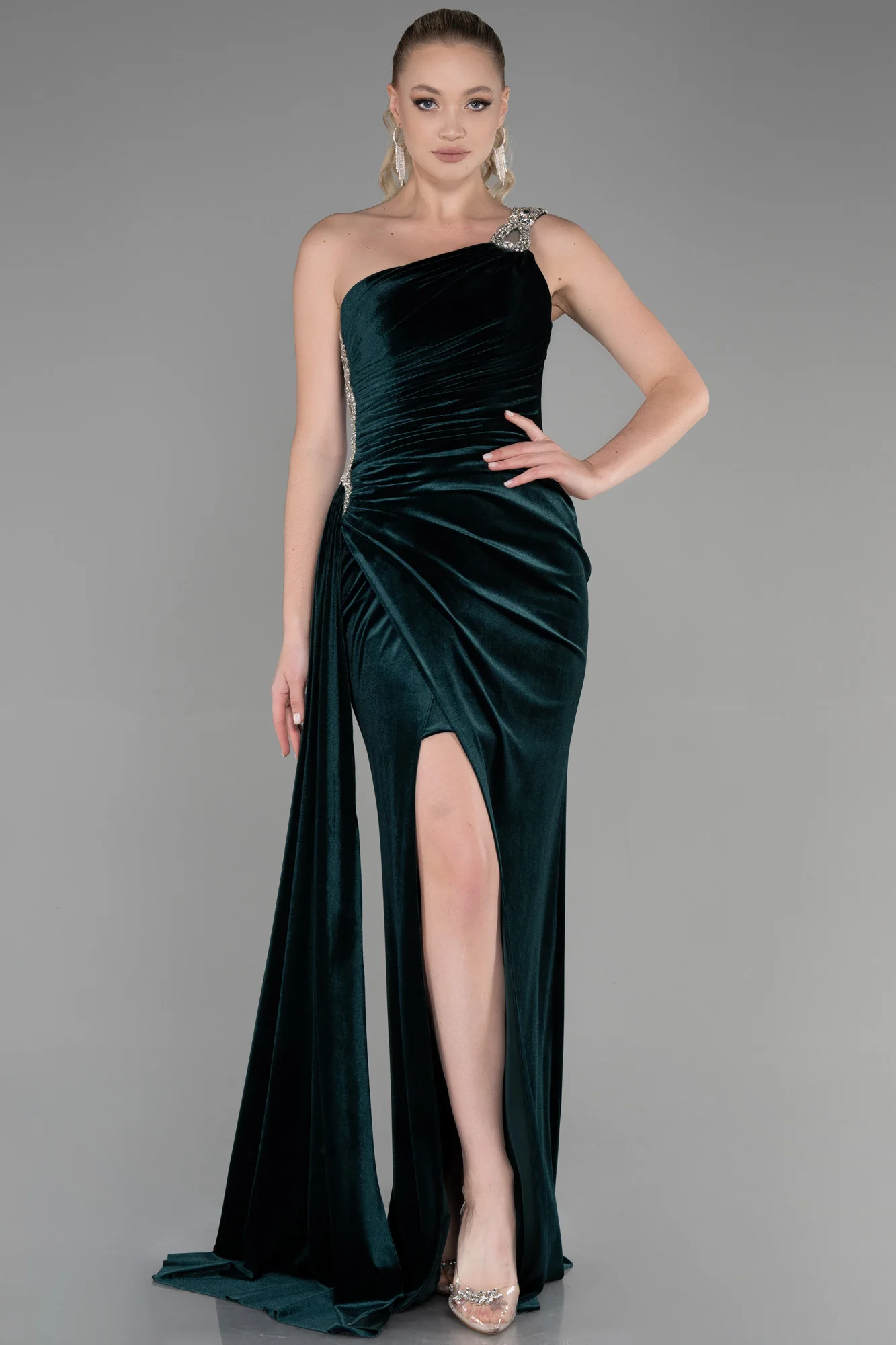 

DRESS FORU Elegant Evening Dresses Velour for Floor-Length One-Shoulder Sleeveless Prom Party Beading Robe De Soirée Customized