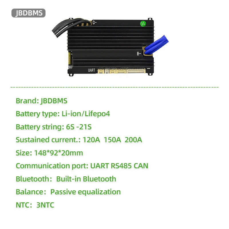JBD Smart BMS 6S 7S 24V 10S 36V 13S 14S 48V 16S 17S 60V 20S 21S 72V Li-ion LifePo4 120A 150A 200A UART RS485 CAN communication