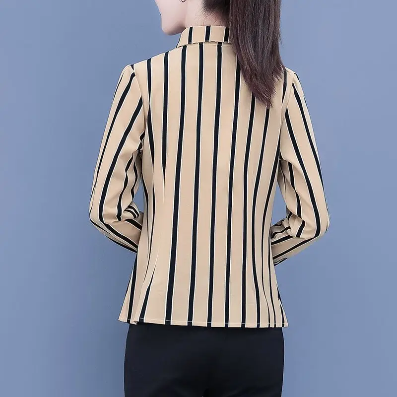 Striped Printing Women\'s Clothing 2023 New Long Sleeve Slim Ladies Tops Spring POLO Collar Fashion Fashion Button Chiffon Shirt