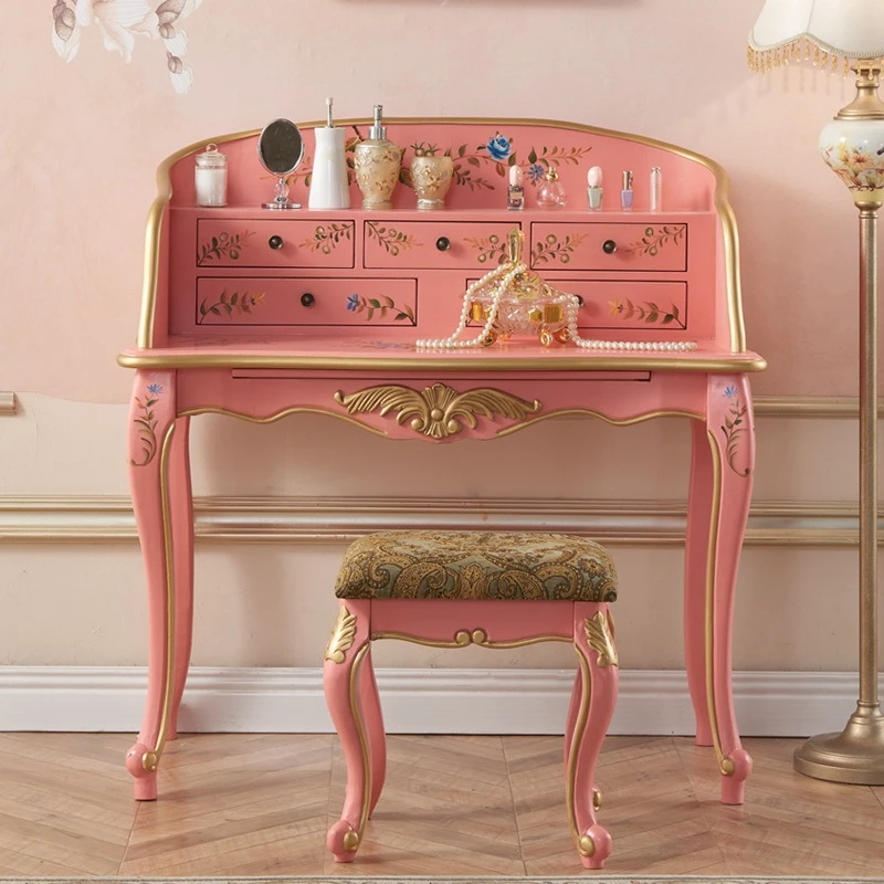 

Pink Dresser Painted Bedroom Dresser Makeup Stool Multifunctional Home American Country Desk Dresser Table