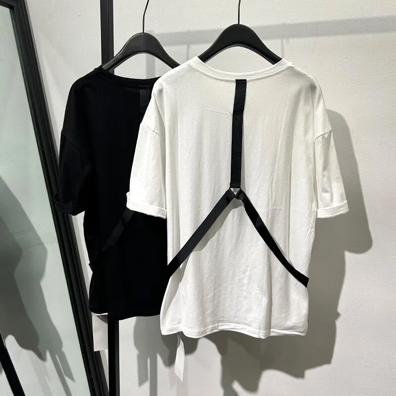High Street Summer Loose Shoulder Strap Short Sleeved T-shirt Men's Workwear Round Neck Pure Cotton Half Sleeve Tshirt Tops