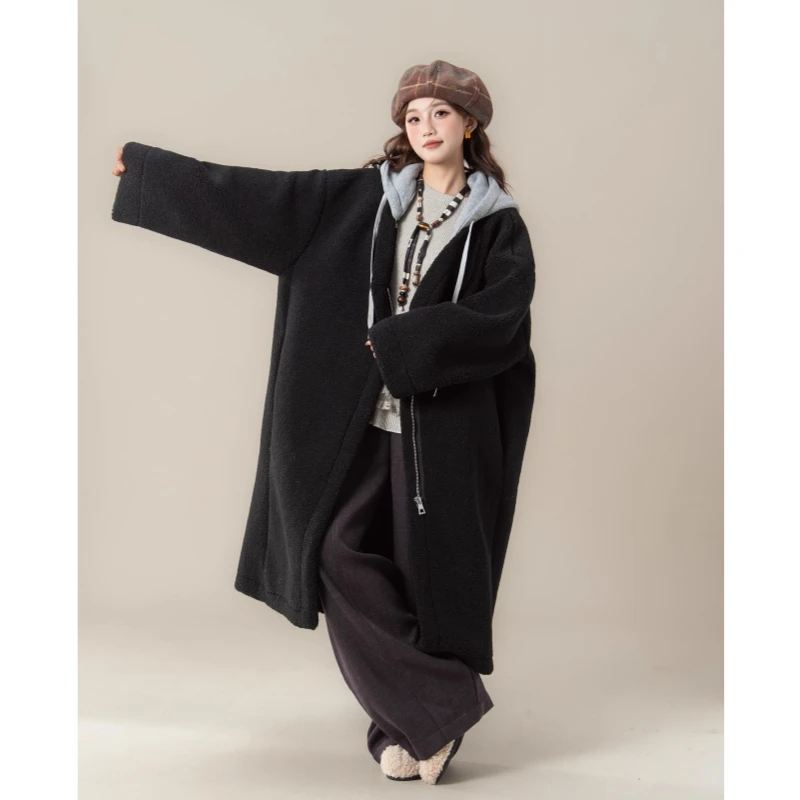 

SuperAen 2026 Winter New Korean Style Design Detachable Hooded CASHMERE Long Coat for Women Oversize Loose Fashion Casual Coats