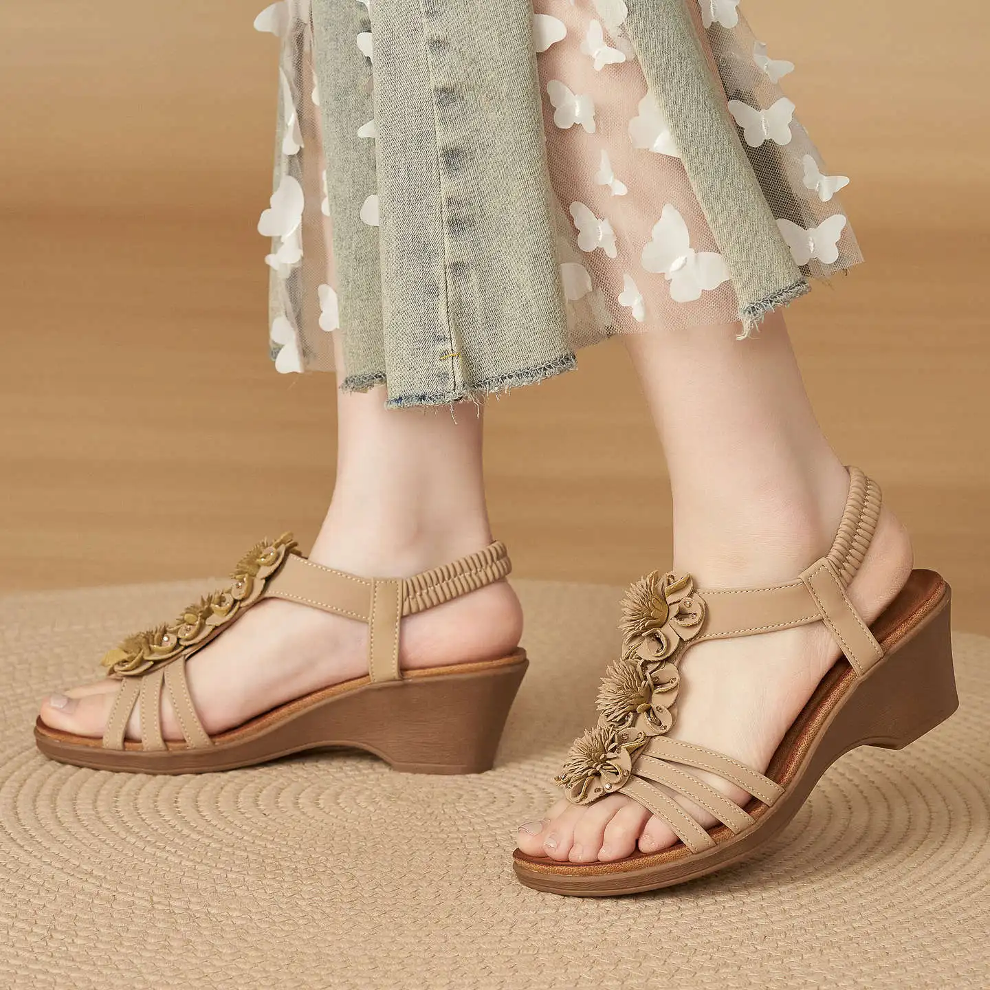 

Womens Bohemian Floral Wedge Sandals Elegant Handcrafted Flower Decor Elastic Ankle Strap Comfort Cushioned Footbed NonSlip Sole