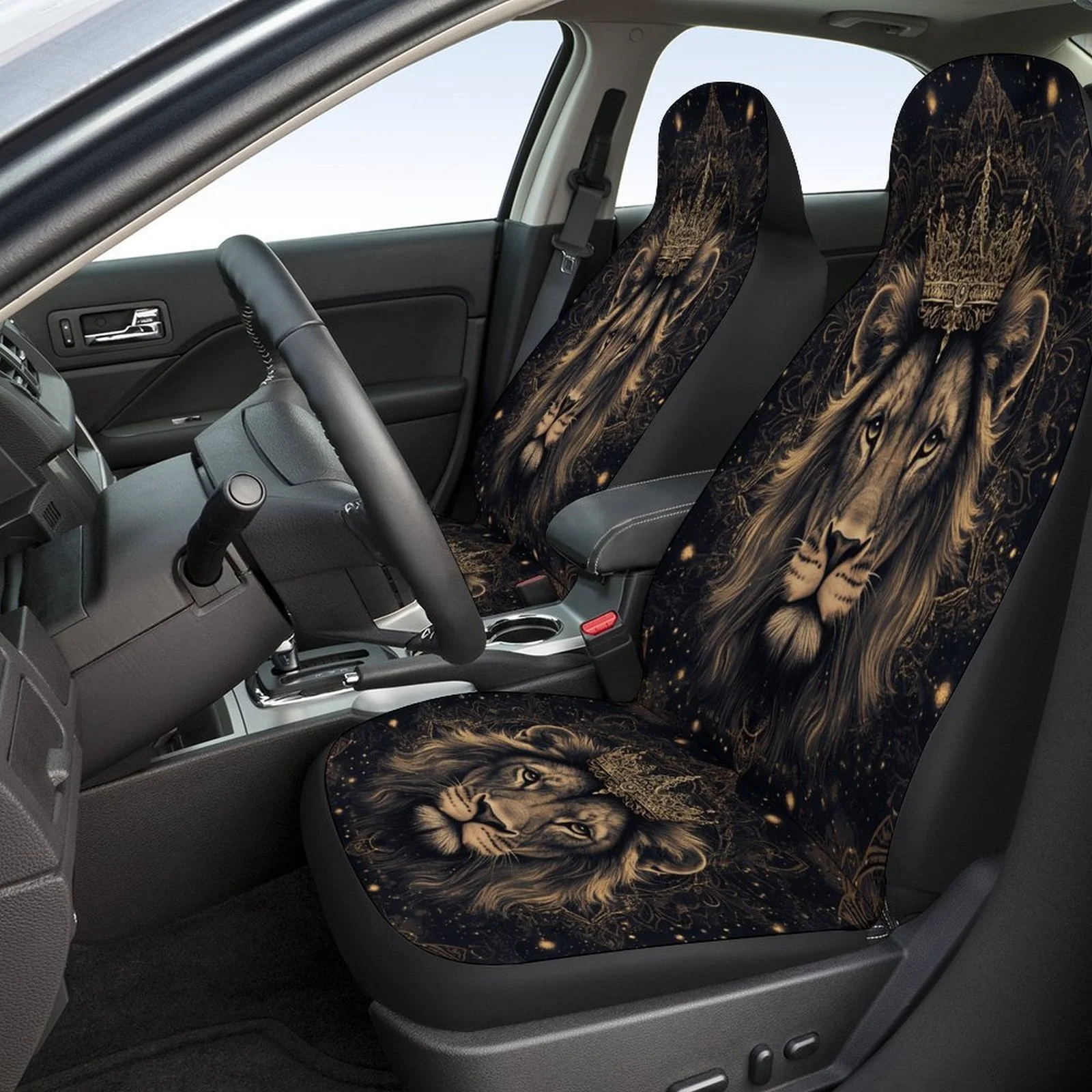 Regal Lion Themed Car Seat Cover Set - 2 Front & 2 Rear, Universal Fit For Most Cars, Durable Polyester Material, Machine Washab