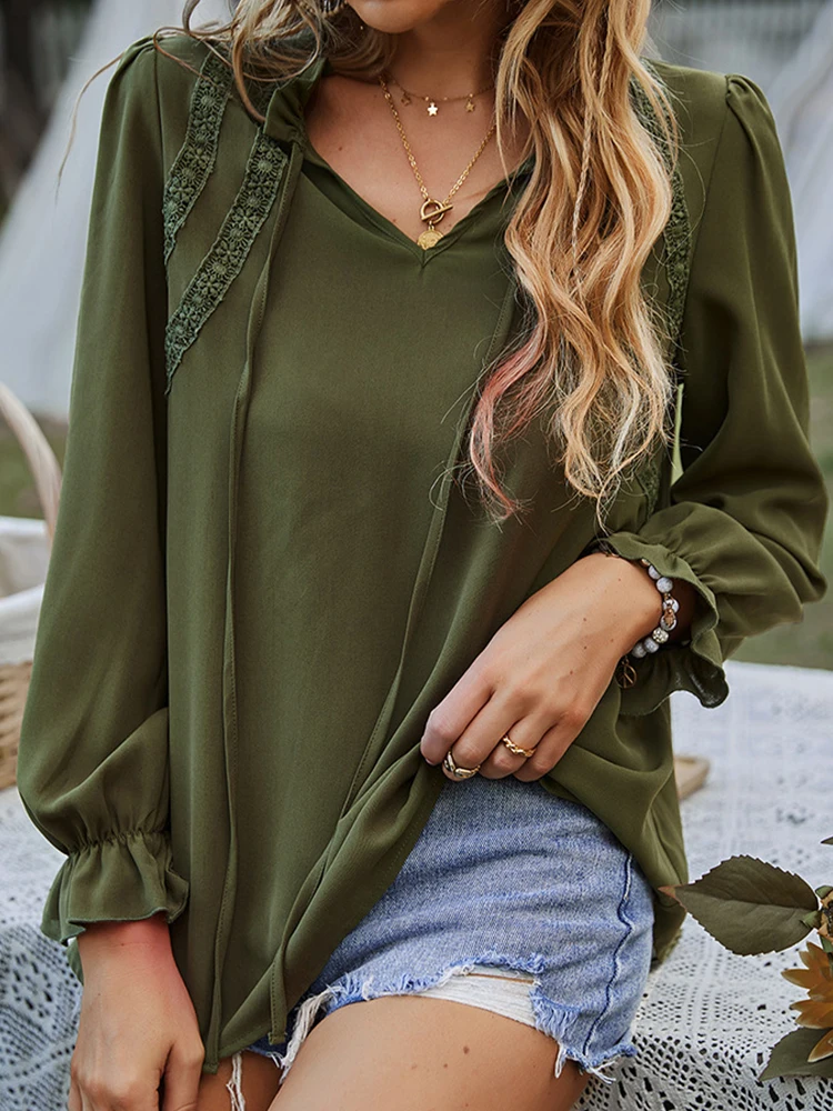 Elegant Fashion Women Blouses Spring Summer Long Sleeve V Neck Shirts Office Ladies Casual Loose Lace Up Solid Color Basic Tops