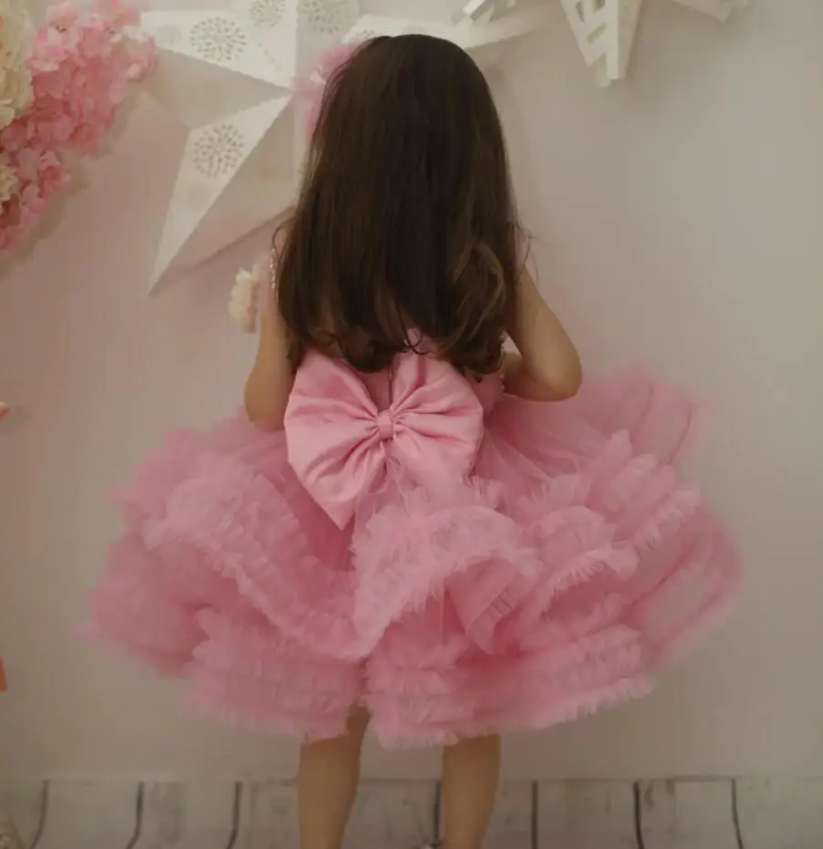 Vestido de cumpleaños Rosa hecho a mano con perlas de lazo para niña, Vestido de fiesta de Navidad, Vestido de ceremonia especial, tutú para niñas