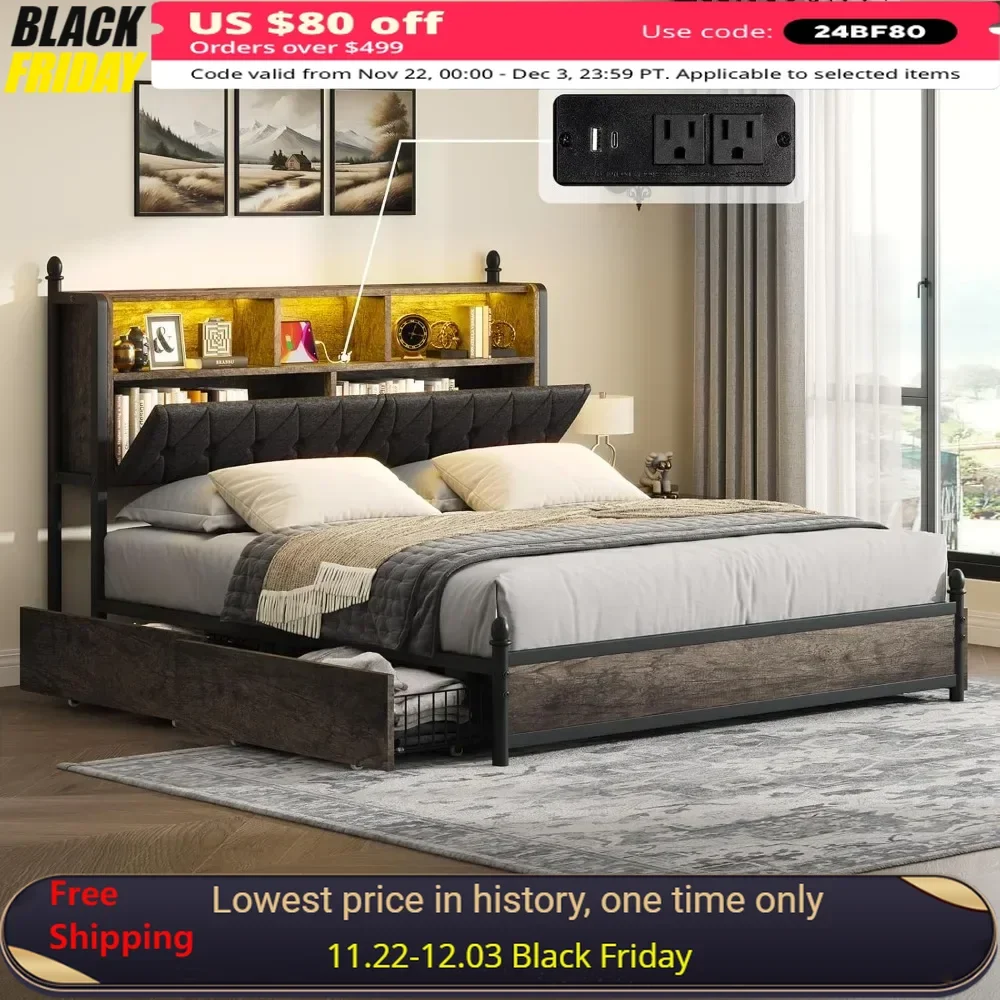 

King Bed Frame with 2-Tier Storage Headboard and 4 Storage Drawers，Hidden Areas and Charging Station，Metal LED Bed Frame