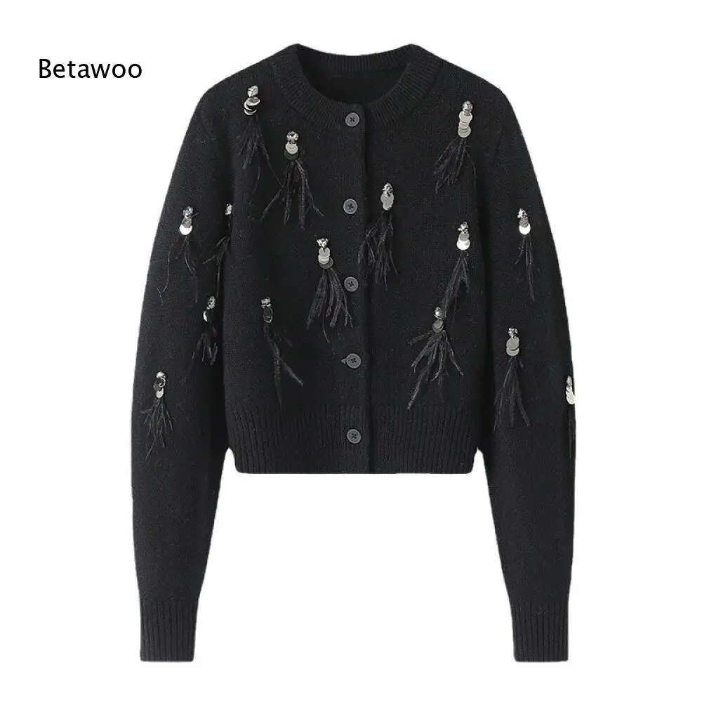 Long Sleeve Cropped Knit Cardigan with Embellishments