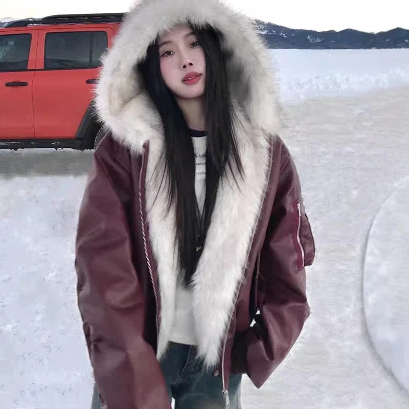 New Warm Thicke PU Leather Cotton Padded Jacket Large Fur Collar Loose Short Hooded Cotton Clothes Winter Coat Female Outerwear