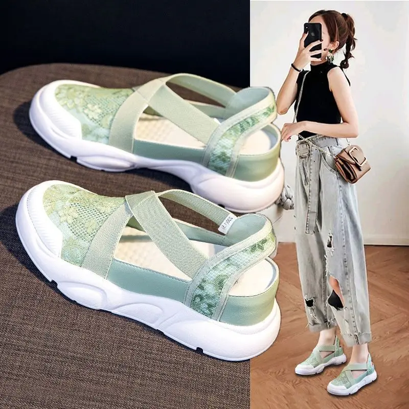 2024 Summer Shoes Women Flats Thick Sole Flat Breathable Mesh Shoes Women Summer Casual Shoes White Green Black