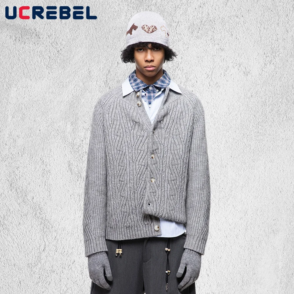 

Hollow Out Knitted Cardigan Mens Solid Color Autumn Winter Retro High Street Raglan Long Sleeve Single Breasted Sweatercoat Man