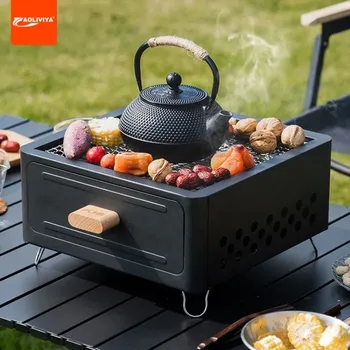 Aoliviya 홈 캠핑 안뜰 바베큐 그릴, 야외 휴대용 숯 바베큐 그릴, 차 만들기용 사각형 인클로저 스토브