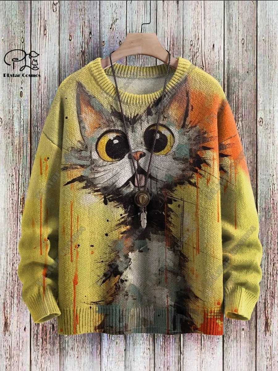 Sweter motif hewan 3D musim dingin uniseks kasual motif kucing lucu retro sweatshirt musim M-9