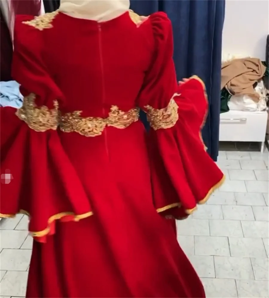 Arabian Kosovo Red Evening Dress Long Sleeve Muslim Arabic Dubai Prom Dress Gold Lace Abaya Morrocan Formal Party Customized