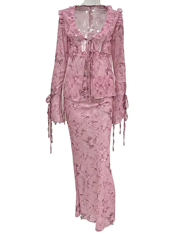 

Weird Puss, элегантный женский комплект из 2 предметов с прозрачными оборками, бандажная футболка с кисточками и глубоким v-образным вырезом + макси-юбки, летний тренд, тонкий одинаковый костюм