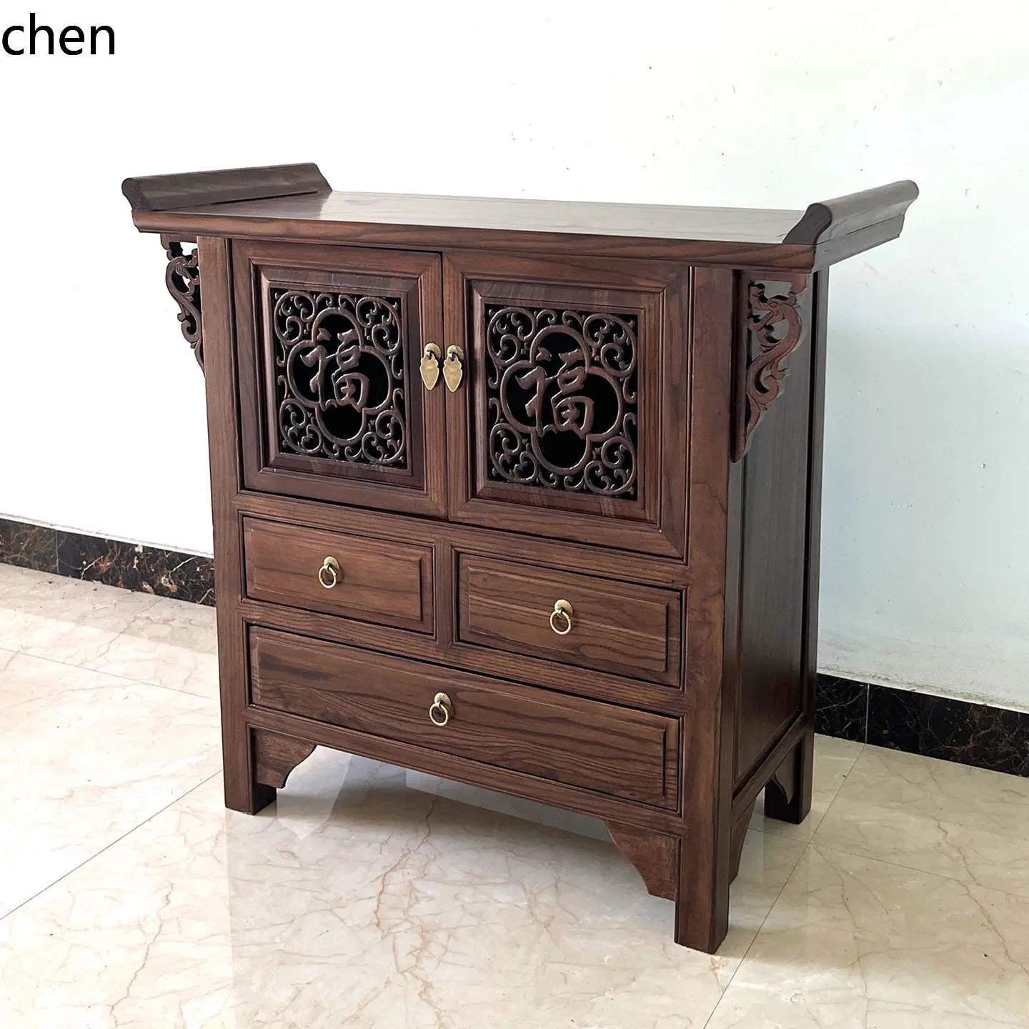 YFY  chinoiserie solid wood cabinet storage storage cabinet fu character carved retro desk