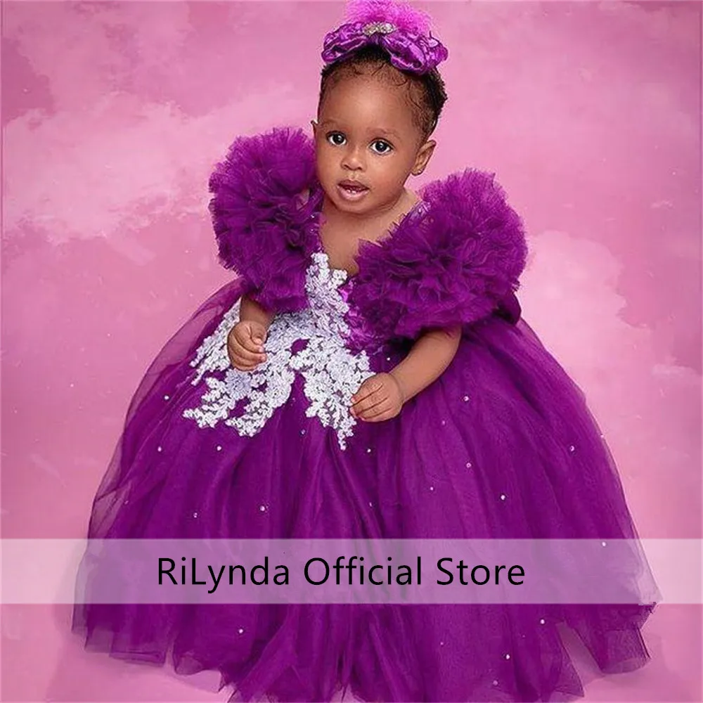 

Cute Purple Baby Princess Girls Dress Appliques Pageant Ball Gowns African Child Dress For Wedding First Communion Photo Shoot