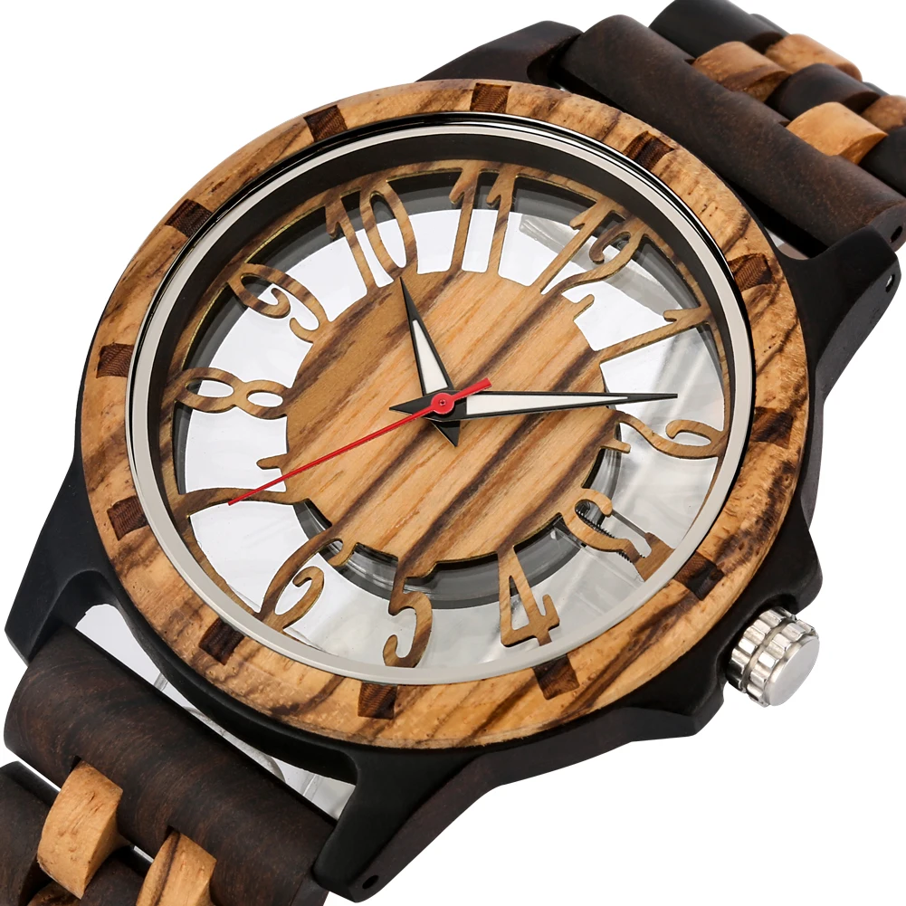 Chic Transparent Hollow Arabic Numerals Dial Quartz Wooden Men Watch Quartz Movement Vintage Natural Full Wooden Watch Band