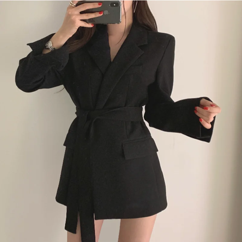 2024 Spring and Autumn New Korean Edition Temperament Commuter Belt Simple Mid Length Suit Coat Casual Small Suit Girl