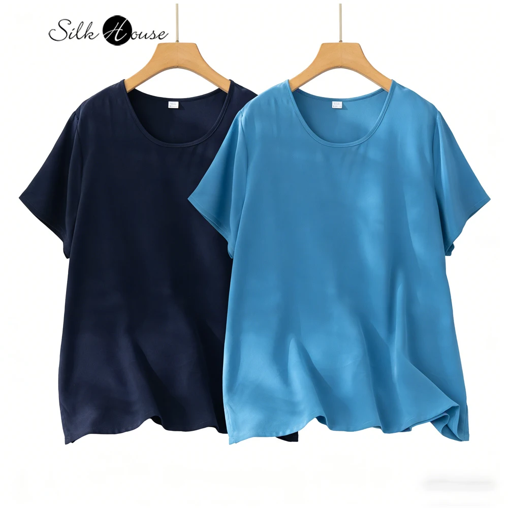 

Женская летняя повседневная футболка больших размеров из 100% натурального шелка креп-де-шин с круглым вырезом и коротким рукавом, удобная, новая, простая модель