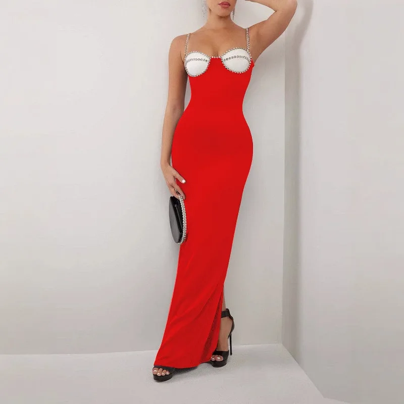 

Сверкающее белое бриллиантовое платье с нагрудной чашкой, облегающее платье на бретелях, европейское и американское модное вечернее платье